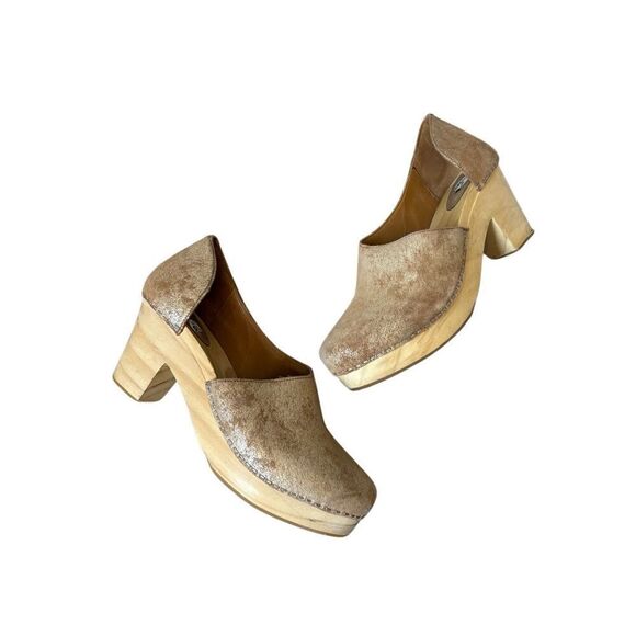 Free People Monroe Clogs size EU 40 US 8.5 Chunky Gold Foiled Tan Patent Leather - Picture 3 of 13